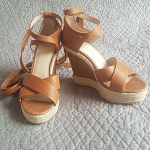 PAIGE Talia Wedge Ankle Wrap Sandal- Cognac